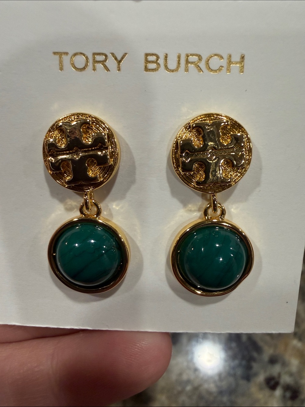Tory Burch Gold Drop Earrings with Dark Green Cabochons - Picture 3 of 3